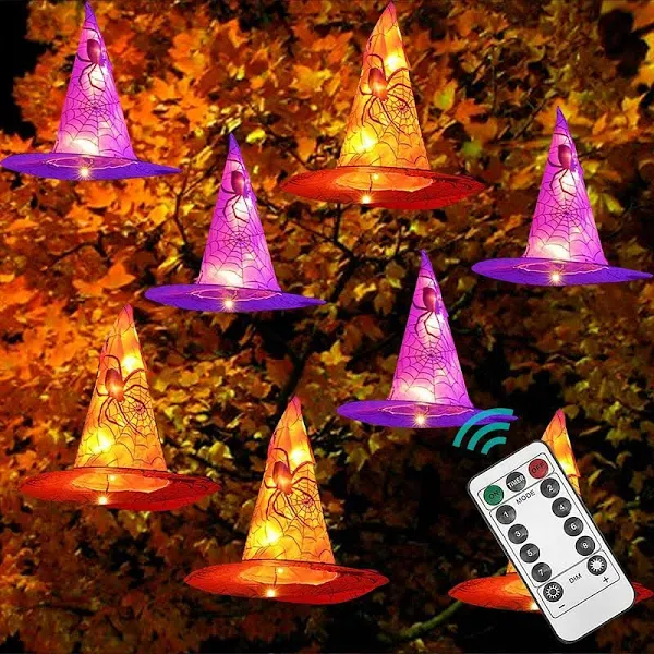 Dazzle Bright 8 Pcs Hanging Witch Hat String Lights, Light Up Waterproof Halloween Decorations with Remote Control for Outdoor Garden Party Carnival Supplies Decor