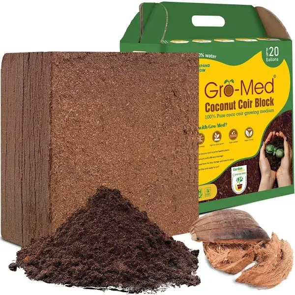 Gro-Med Compressed Organic Soil Coconut Coco Coir Block 10lb with NPK Potting Soil for Plants 20 Gal