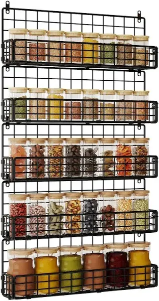 Rack Organizer Wall Mounted 5-Tier Stackable Black Iron Wire Hanging Spice Shelf Storage Racks