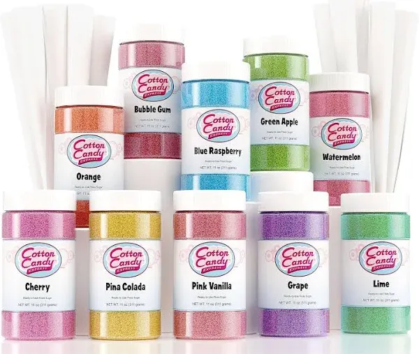 Cotton Candy Express Floss Sugar Variety Pack and 100-Count Paper Cones Bundle