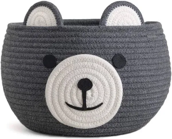 CherryNow Cotton Rope Basket Baby Cute Storage Basket for Organizing, Medium Toy Basket Empty Gift Basket with Handles, Woven Rope Bear Basket for Kids, Grey, 15.7" D x 10.5" H