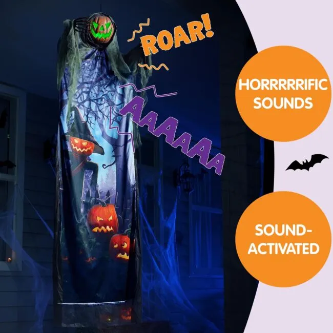 Hanging Pumpkin Scarecrow Ghost with Light-up Green Eyes and Creepy Sound