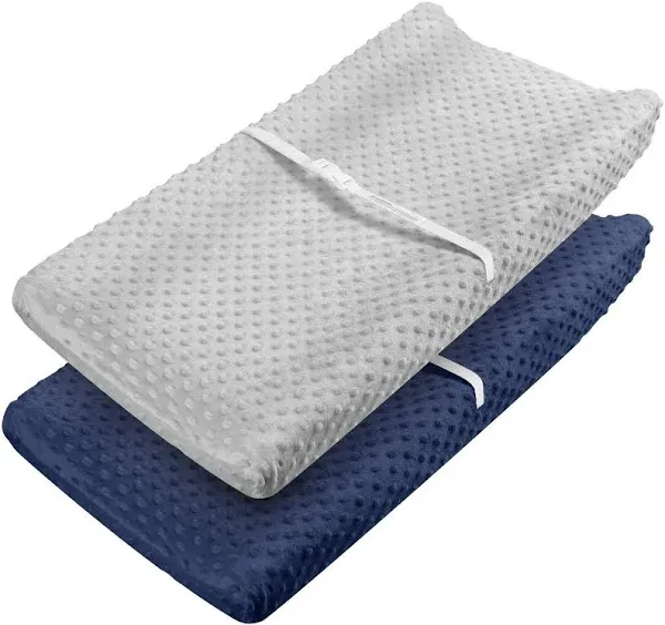 Babebay Changing Pad Cover - Ultra Soft Minky Dots Plush Changing Table Covers Breathable Changing Table Sheets Wipeable Changing Pad Covers Suit for Baby Boys and Girls (Lt Grey & Navy Blue)