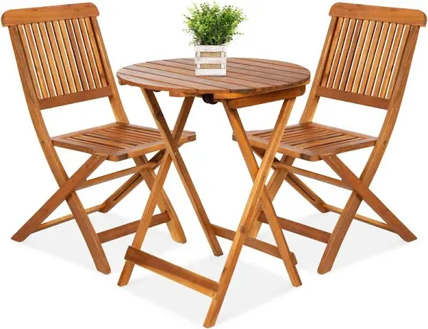 Best Choice Products 3-Piece Acacia Wood Bistro Set, Folding Patio Furniture w/ 2 Chairs, Table, Teak Finish - Natural, Brown