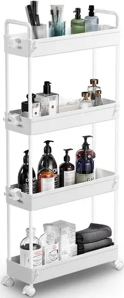 Slim Storage Cart, 4 Tier Bathroom Organizer Mobile Shelving Unit, Rolling Utili