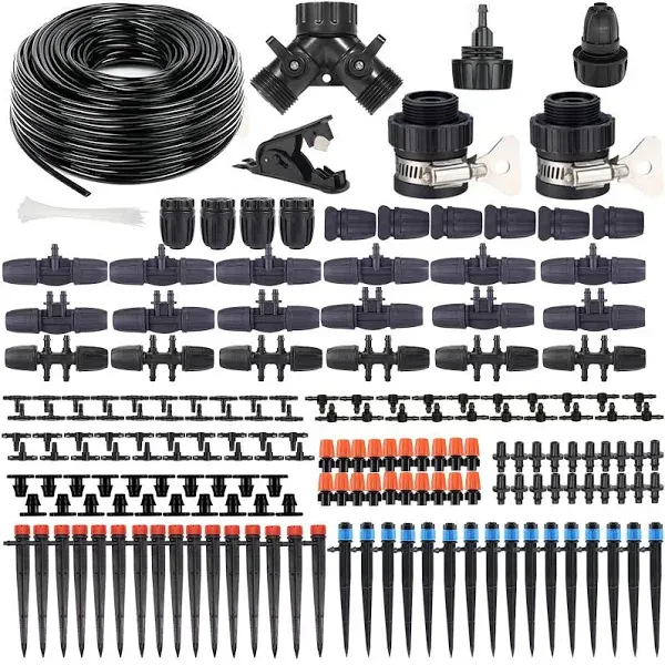 197FT Micro Drip Irrigation Kit - 204pcs, 1/4&#034; Tubing, Adjustable Nozzle Emitter