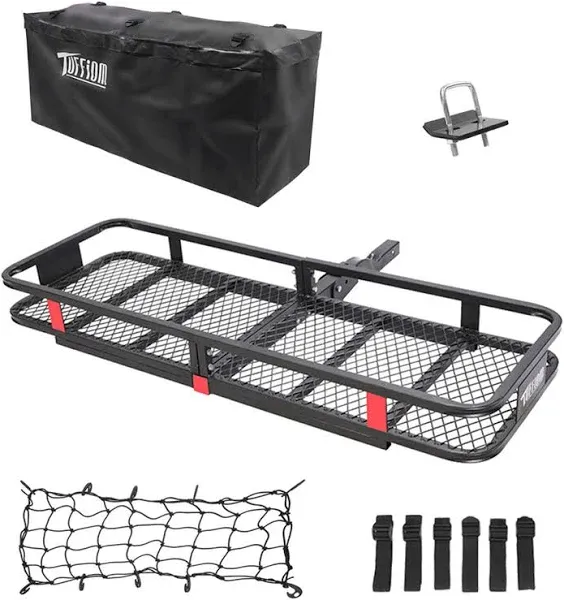 LEADZM 60"" x 20"" x 6"" 500lbs Hitch Mount Cargo Carrier, Folding Steel Luggage Basket w/Waterproof Cargo Bag, Straps, Net, Stabilizer & 2"" Receiver for Travel Camping SUV