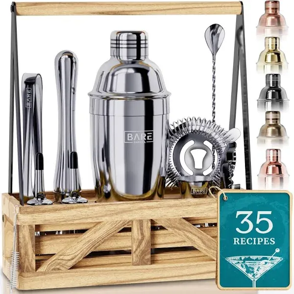 BARE BARREL® Mixology Bartender Kit Bar Set | Martini Cocktail Shaker Set | Barware Mixing Tools for Home Bartending | Farmhouse Rustic Portable Caddy & 35 Recipe Cards | Gift Set (Aged Copper)