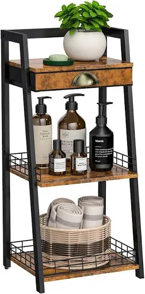 3-Tier Brown Bathroom Ladder Shelf with Drawer