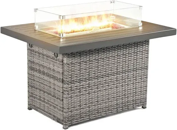 24/7 Shop at Home 43 Inch Rectangular Outdoor Patio 55,000 BTU Rattan Firepit Table with Glass Wind Guard