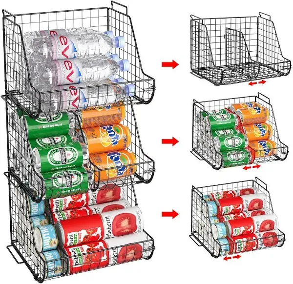 Stacking Can Dispensers 3 Tier with 3 Divider, Large Pantry Can Organizer, Beverage Drink Pop Soda Can Storage Basket, Can Holders for Pantry, Canned Food Rack Wire Bins for Kitchen Cabinet (3-Pack)