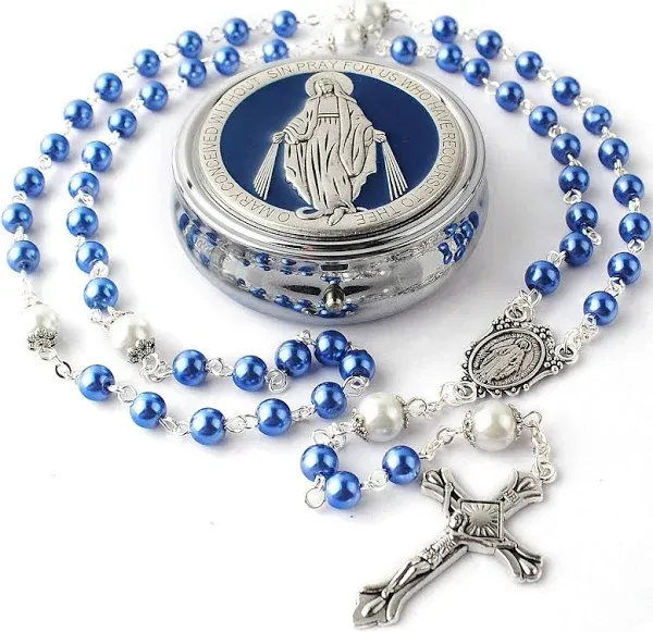 6Mm Glass Pearl Beads 8Mm Our Father Blue Rosary Pack Miraculous Metal Gift Box