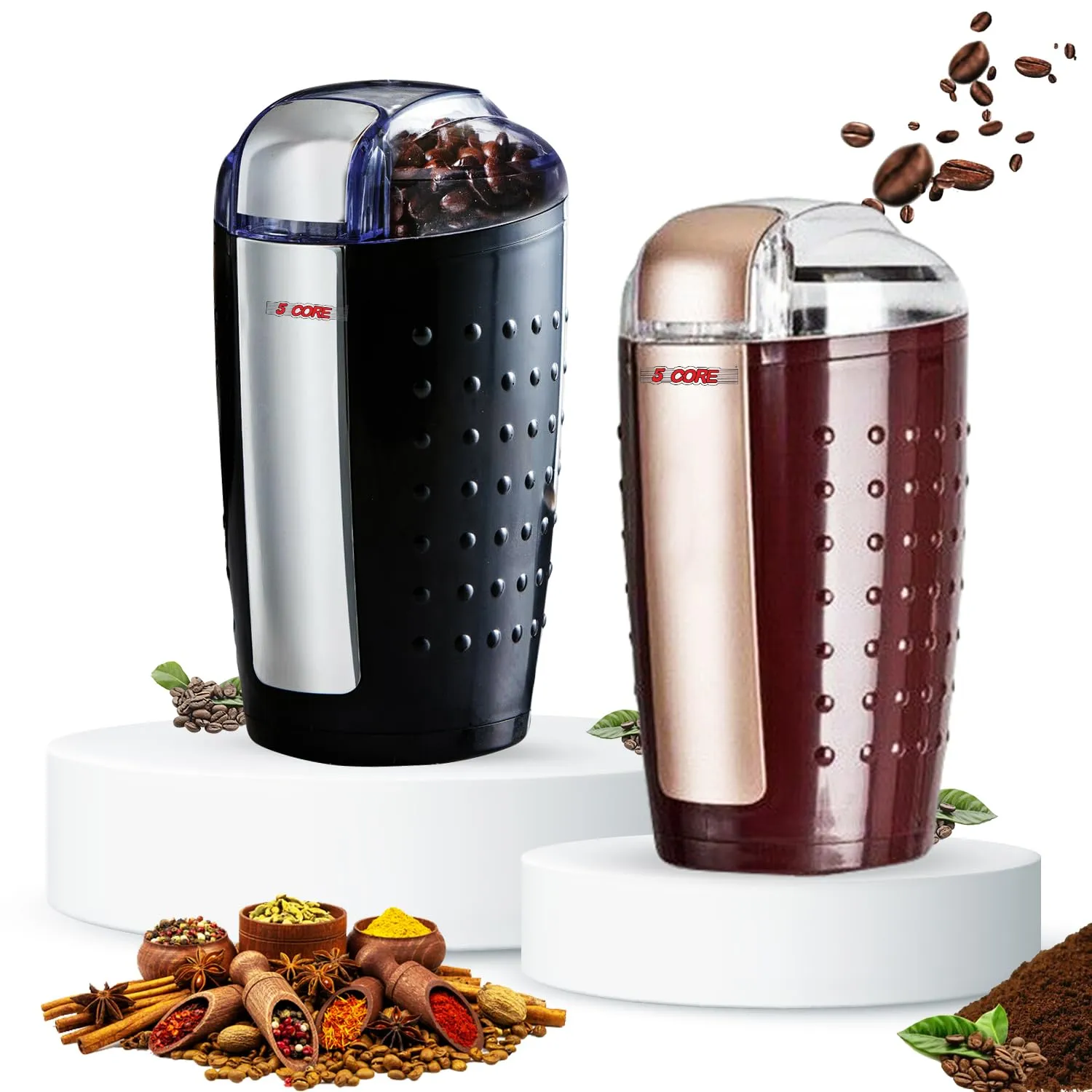 5 Core 2Pcs Coffee Grinder 85 Gram / 3 Ounces 12Cup Capacity Electric Bean Spice Grinding Machine 150W Copper Motor Stainless Steel Blade CG01BR&BL