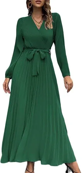 Seta T Women's Long Lantern Sleeve Wrap V Neck Flowy Ruffle Pleated Midi Dress