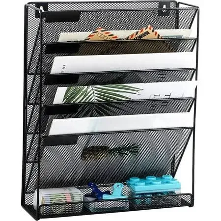 EASEPRES Desk File Organizer Mesh 5-Tier Black Hanging Wall File Organizer Vertical Mail Holder Rack for Office Home