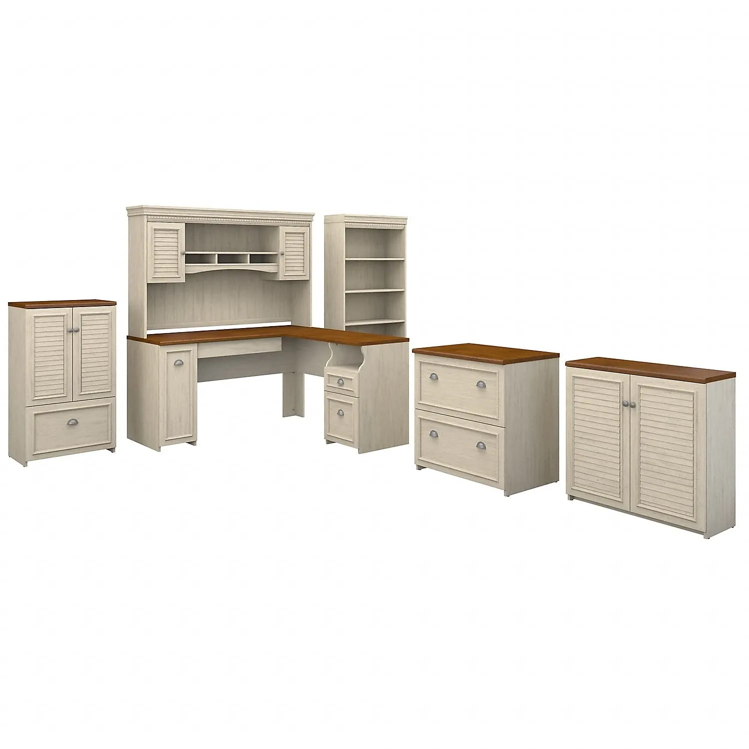 Bush Furniture Fairview 60W L Shaped Desk with Hutch, Bookcase, Storage and File Cabinets Antique White/Tea Maple