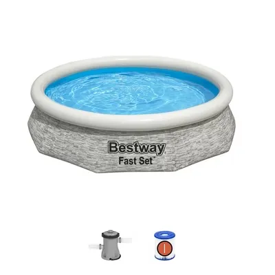 Bestway Inflatable Stacked Stone Design Outdoor Above Ground Backyard Swimming Pool Set