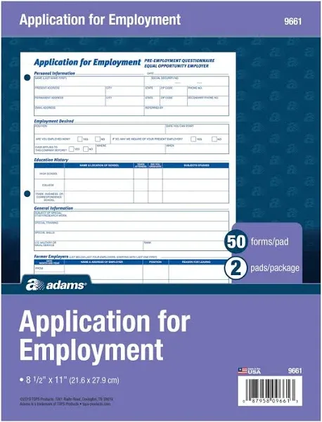 Adams Applications for Employment, 8.5 x 11 Inch, 3-Hole Punched, White 