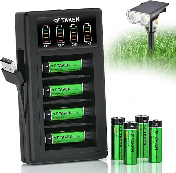 Taken 14430 3.2 Volt Rechargeable Solar Battery, 3.2V 450mAh 14430 LiFePO4 Rechargeable Battery for Solar Panel Outdoor Garden Lights - 8 Pack