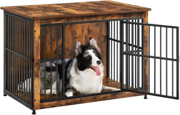 Feandrea Dog Crate Furniture, 38.6" Side End Table, Modern Kennel for Dogs Indoor up to 70 lb, Heavy-Duty Dog Cage with Enclosed Base, Double-Door Dog House, Rustic Brown UPFC023X01