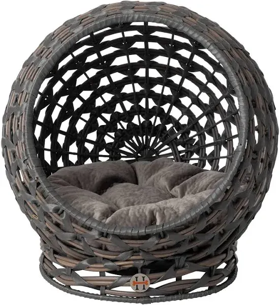 Pet Rattan Cat Bed Condo, Elevated with Round Cushion, Grey (02196)