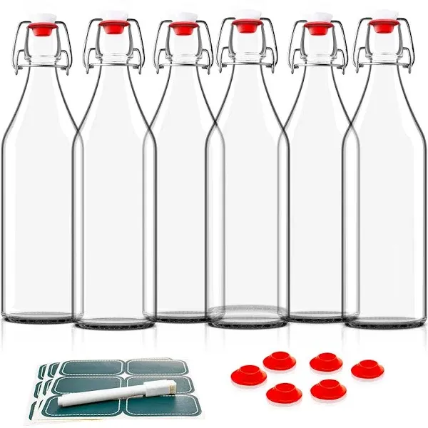 Otis Classic Swing Top Glass Bottles - Set of 6, 16oz w/Marker & Labels - Clear Bottle with Caps for Juice, Water, Kombucha, Wine, Beer Brewing, Kefir Milk or Eggnog