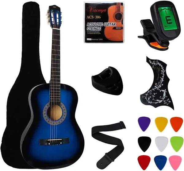 YMC 38&#034;Blue Beginner Acoustic Guitar Starter Package Student Guitar w Gig 3 Blue