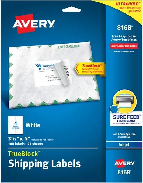 Avery Trueblock Shipping Labels 8168 New 3 1/2”x5”, 100 Labels, 25 Sheets