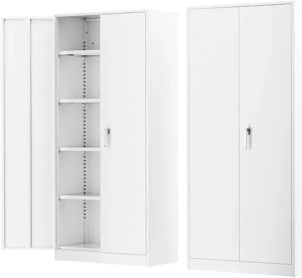 Greenvelly Metal Garage Storage Cabinet, White Steel Lockable Cabinet with 2 Doors and 4 Adjustable Shelves,Utility Metal Filing Cabinet with Lock