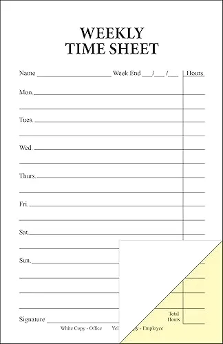 Weekly Time Sheets on 2 Part Carbonless Paper, 100 Pack of Forms