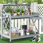  Outdoor Garden Workstation Table with Drawer, Potting Bench Table Gray