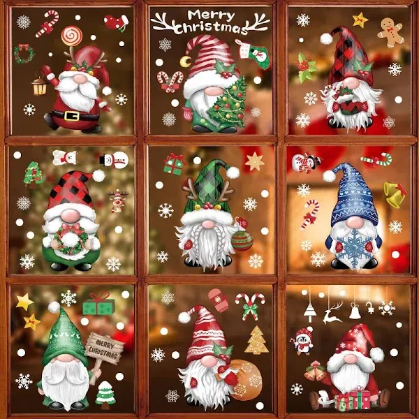 BORAMDO Christmas Window Clings 11 Sheets, Christmas Gnome Snowflake Window Decals Stickers, Removable Christmas Window Decorations for Glass Windows Xmas Holiday Home Office Decor 9 Styles (Gnome-B)