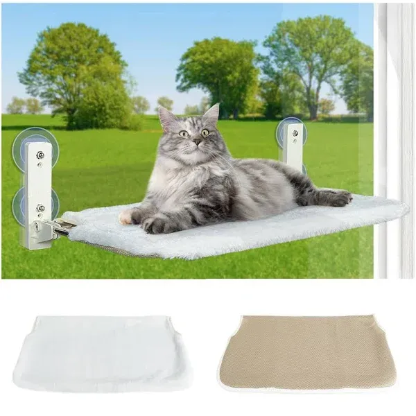 20inches Foldable Cat Window Perch for Indoor Cats, Cordless Cat Hammock Window Seat with 4 Suction Cups, Sturdy Steel Frame Window Hammock for Inside (Pad Bed - White)