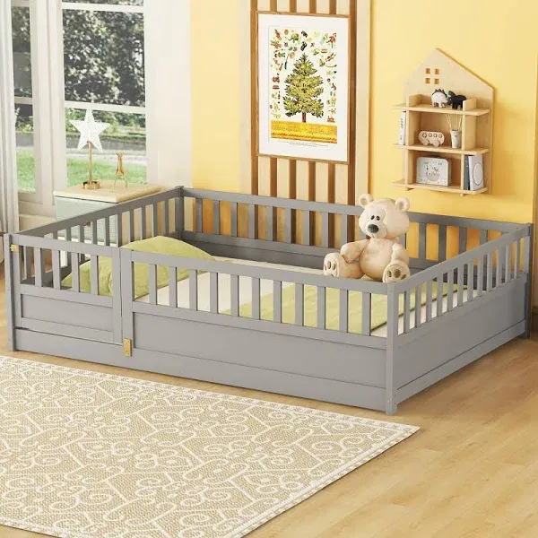 Bellemave Full Floor Bed with Slats, High Fence and Door Kids Bed Full