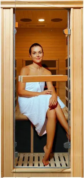 Far Infrared Sauna for Home Sauna Room 1 Person Infrared Sauna Single Person Sauna Dry Sauna for Home Low EMF Hemlock Wood Sauna with Led Control Panel, Speaker and Tempered Glass Door