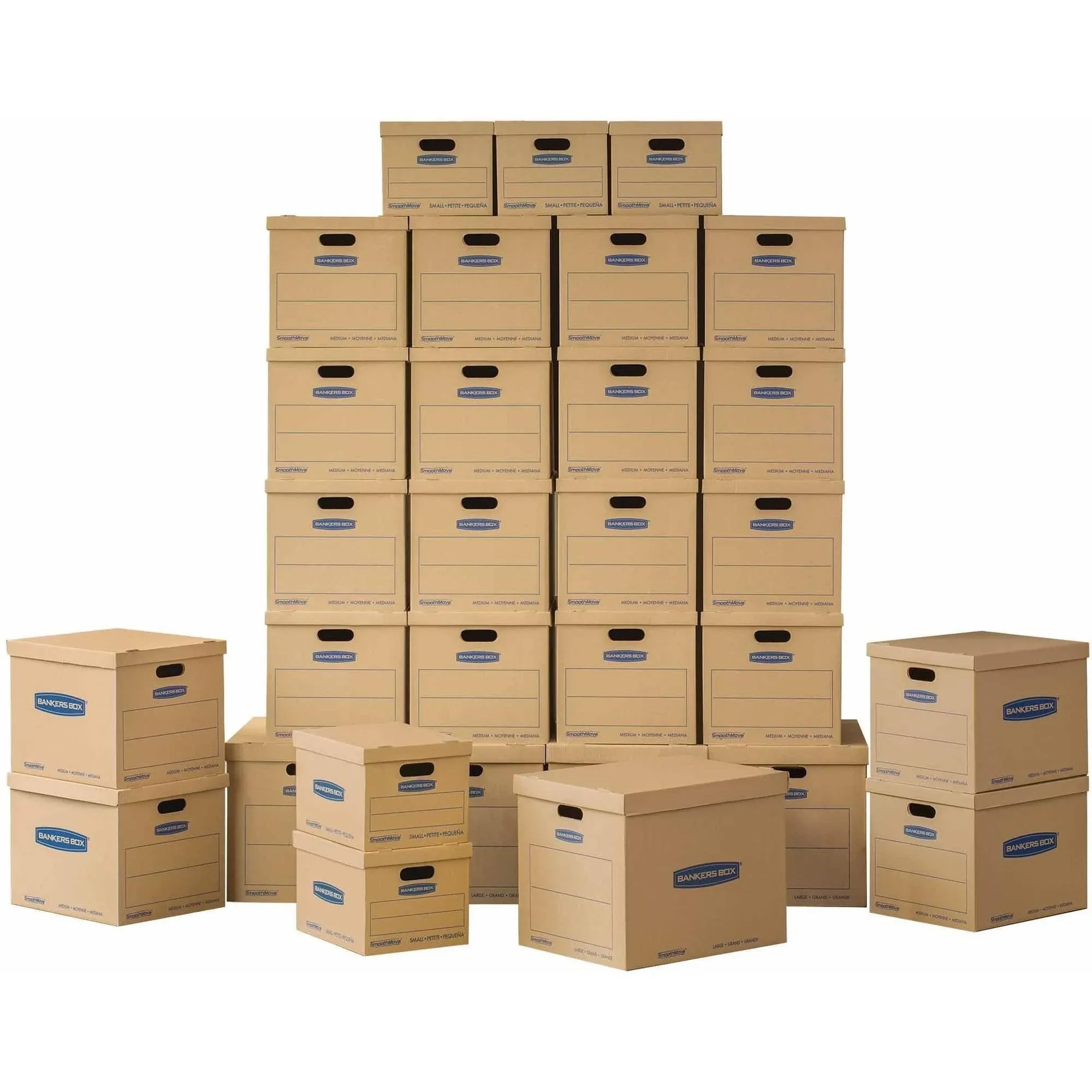 Bankers Box SmoothMove Classic Moving Kit Boxes, Tape-Free Assembly, Easy Carry Handles, 5 Small 20 Medium 5 Large, 30 Pack (7716502)