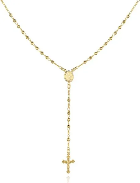 18K Gold Plated Virgin Mary Rosary Bead Cross Necklace 18 Inches