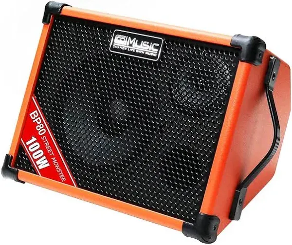 Coolmusic BP80 Battery Powered Acoustic Guitar Amplifier- Portable Bluetooth Speaker 100W, 6 Inputs,3 Band EQ,Orange