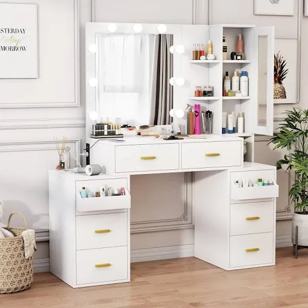 Pakasept Makeup Vanity Desk with Mirror, 3-Color Lights, and Charging Station