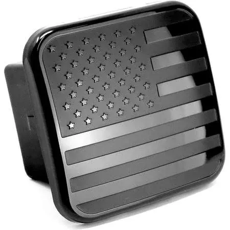  USA Black Metal Flag Hitch Plug Cover, Fits Fits 2&#034; Receivers Aluminum, Black