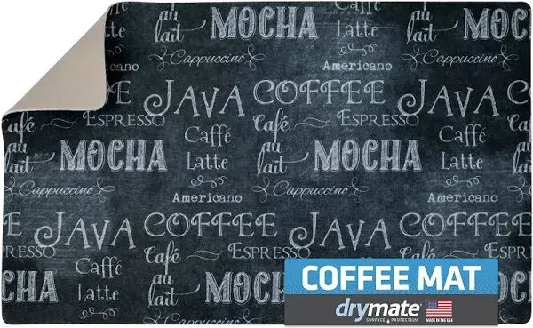 Drymate Coffee Maker Mat, (Coffee Station Bar Accessory) Protects Kitchen Countertops From Spills, Stains & Scratches, Absorbent, Waterproof, Washable (USA Made) (12” x 20”) (Java Chalkboard)