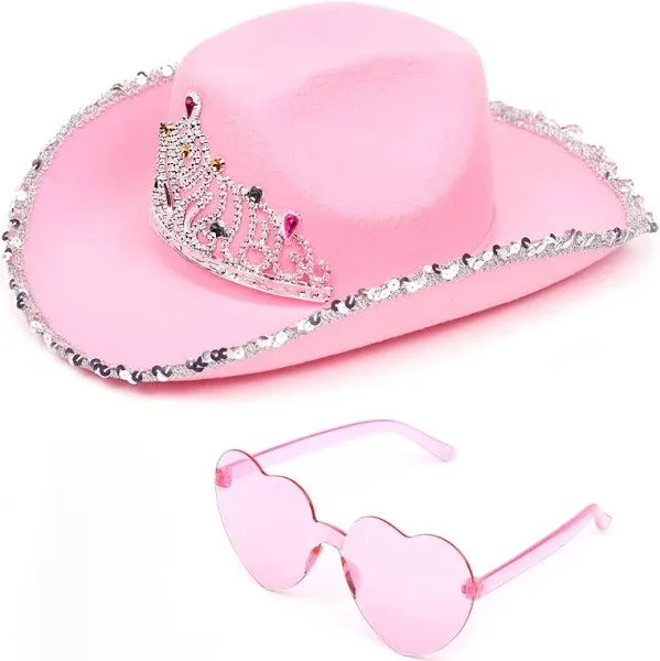 Funcredible Cowboy Hat and Glasses - Preppy Cowgirl Hat - Sparkly Cowboy- Pink