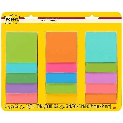 Post-it Super Sticky Notes, 3x3 in, 15 Pads, 2x the Sticking Power, Assorted Bright Colors, Recyclable(654-5SSAN)