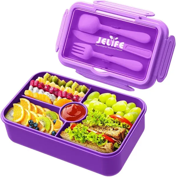 Jelife Girls Bento Box - Kids Prints Leak-Proof, 4-Compartments Large Bento-Style Kids Lunch Box with Tableware for Back to School, Reusable On-the-Go Meal and Snack Packing Lunch Containers, Princess