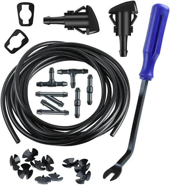 Windshield Washer Nozzles Kit Replacement for Chrysler Dodge Ram, Windshield Washer Nozzle Hose Kit with 157-Inch Windshield Fluid Hose, 2 Sprayer Nozzels with Gaskets, 6 Hose Connector BLue