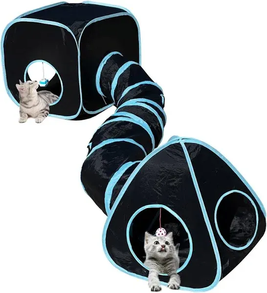 Cat Tunnels for Indoor Cats with Cube Tent Toys Combo, Pop Up Collapsible Crinkle Interactive Peek Hole, Cat Tube with Play Ball and Bell for Kitten, Puppy, Kitty, Rabbit - Set of 3