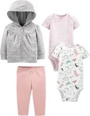 Baby Girls&#039; 4-Piece Jacket Pant and Bodysuit Set Grey/Pink/Whit<wbr/>e Hearts/Cat N...