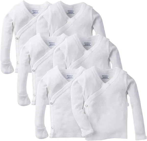 Gerber Baby Girls' 6-Pack Long-Sleeve Side-Snap Mitten-Cuff Shirt, White, Preemie