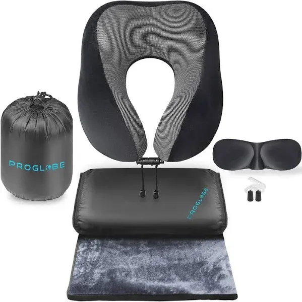 Travel Blanket Luxury Travel Set - Ergonomic Airplane Neck Pillow 100% Pure Memory Foam and Super Soft Fleece Blanket - Premium 3D Sleep Mask & Earplugs - Ultimate 4-in-1 Travel Kit Black