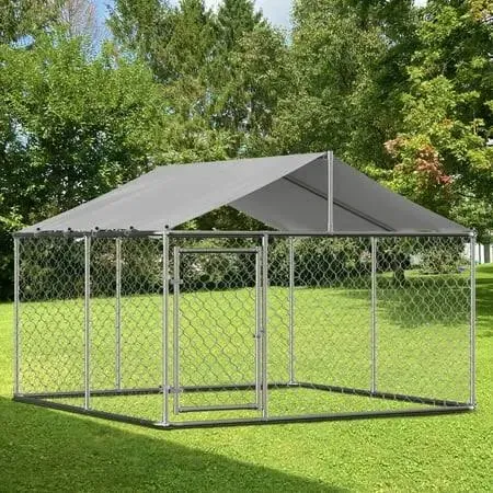 Outdoor Dog Kennel with Roof, Outside Large Dogs Enclosure Pen Galvanized Steel Metal Pet Fence House Chain Link Weather Resistant Cage for Backyard, 118 x 118 x 71 Inch